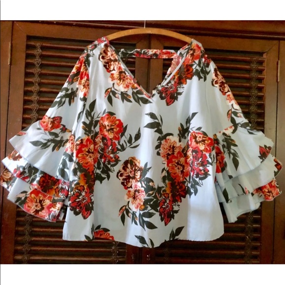 1X 2X BOHO Sky Blue Triple Ruffle Bell Sleeves Top - Picture 3 of 3